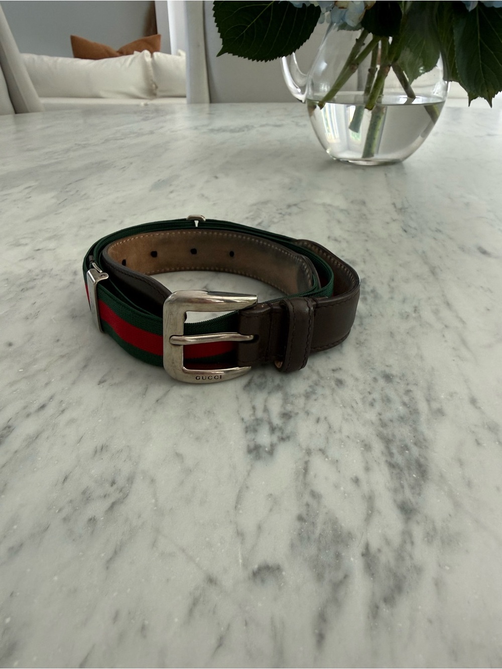 Gucci Brown Leather Belt with Green-Red Web Stripe